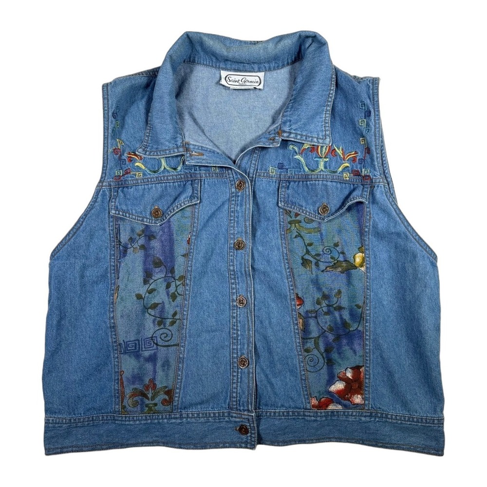 Saint Germain Paris Vintage Denim Vest Floral Embroidered Large Made in USA Blue